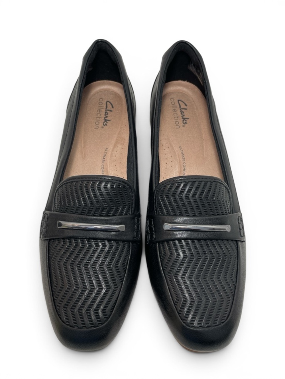 Clarks Juliet Aster Black Leather Loafers Chevron Womens 8.5 M NWOB